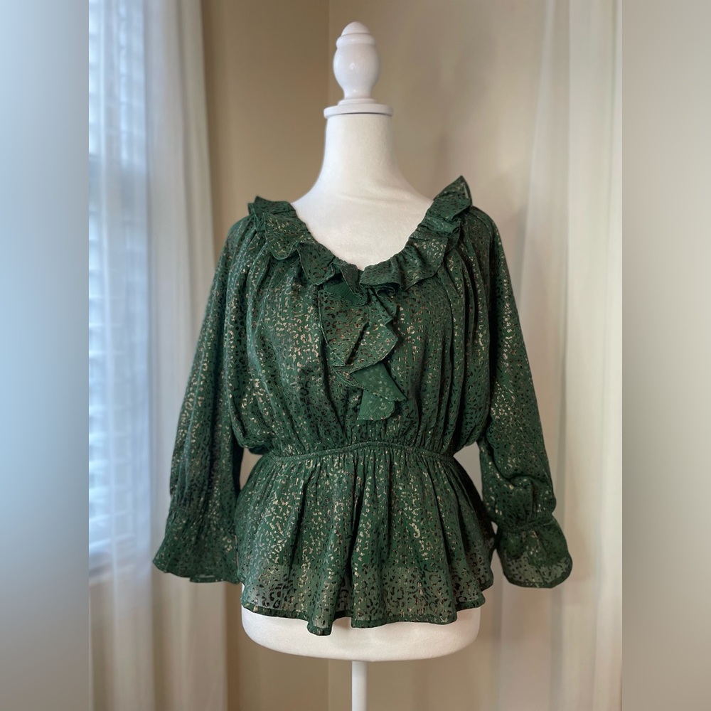ENTRO Shimmer Leopard Print V-Neck Peplum Top Green Gold Artsy Quirky Size S NWT - Picture 7 of 12